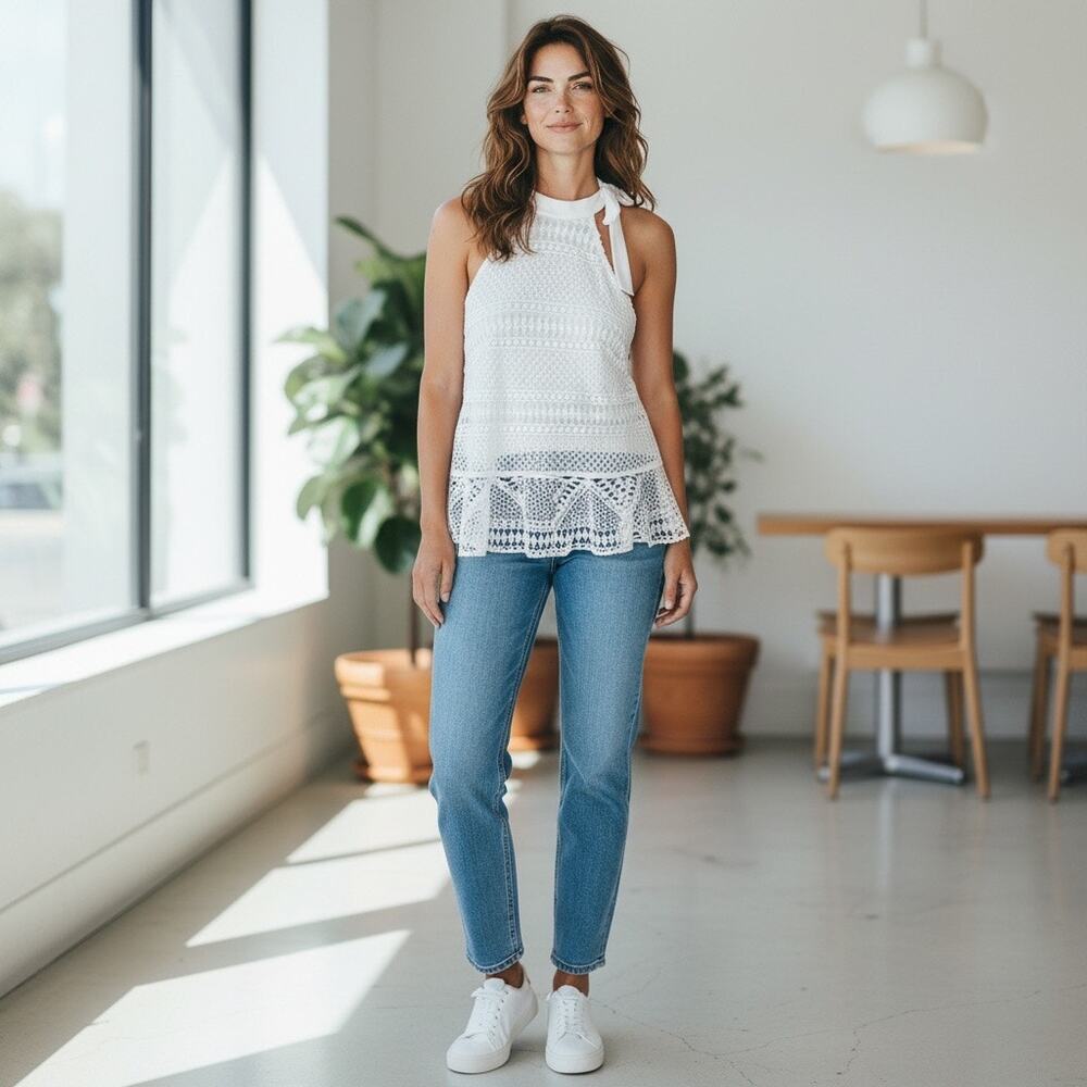 Shoshanna x Anthropologie Lyza Lace XS White Halter Peplum Tank MRSP $330
